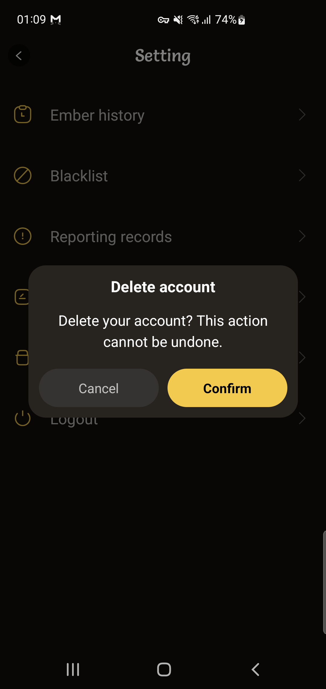 Confirm the deletion in the confirmation dialog to finish deleting the account.
